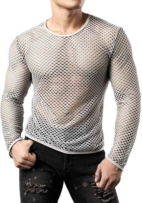 Pippin Costumes, Men In Fishnet Top, Cross Net Sweater Men, Workout Model, Mesh Tank Top Men, Cut Off Shirt, Undershirt Tank Top, Mens Tshirts Fashion, Fitted Long Sleeve