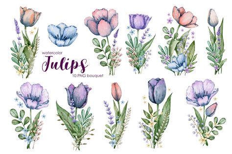 Tulips Lavender, Clipart Flowers, Watercolor Tulips, Collage Art Projects, Spring Clipart, Flowers Png, Tulip Bouquet, Printable Illustrations, Lavender Floral