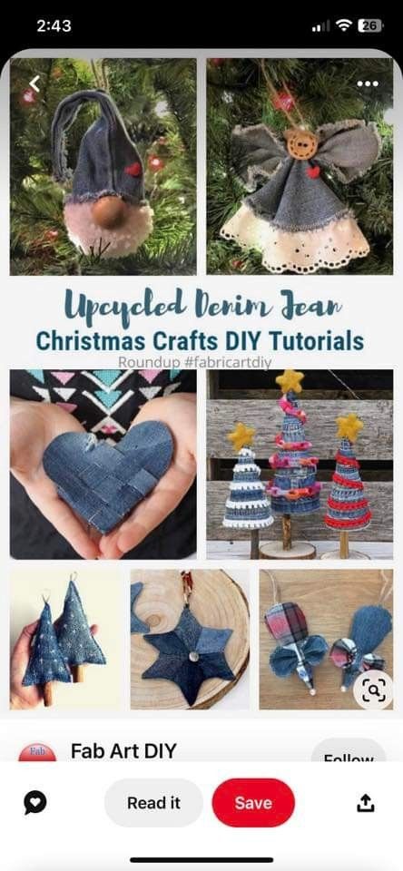 Blue Jean Crafts Repurposed, Crafts With Jeans Diy, Blue Jean Projects Denim Crafts, Jean Ornaments Recycled Denim, Jean Christmas Ornaments, Upcycled Holiday Crafts, Upcycle For Christmas, Blue Jean Ornaments, Denim Christmas Crafts