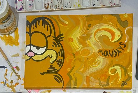 Garfield Canvas Painting, Garfield Painting, Garfield Monday, Cavas Art, Simple Canvas Paintings, Cute Canvas Paintings, Canvas Painting Designs, Cute Canvas, Orange Aesthetic