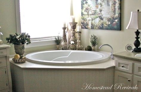 Homestead Revival: The Farmhouse Master Bath..must see all the pictures of this bathroom! love it! How To Decorate Around A Garden Tub Master Bath, Corner Bathtub Decor, Garden Tub Decor Master Bath, Tub Decor Master Bath, Decor Master Bath, Garden Tub Decor, Corner Garden Tub, Farmhouse Master Bath, Tub Decor