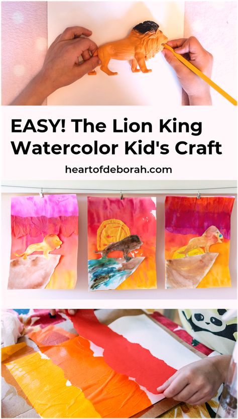 Do your kids love The Lion King? Make this EASY Lion King kids craft with tissue paper watercolor. Your kids will have a blast making this sunset poster with pride rock!  #disneykids #kidscrafts #watercolor #kidsactivities #thelionking The Lion King Crafts, Lion King Crafts Preschool, Lion Projects For Kids, Lion King Preschool Activities, Lion King Activities For Kids, Lion King Crafts For Kids, Disney Activities For Kids, Disney Sleepover, Craft With Tissue Paper