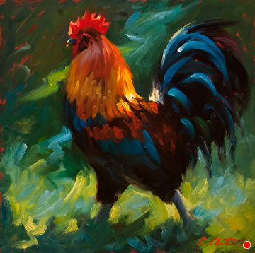 Napoleon Strutts by Cheri Christensen, Oil, 12 x 12 Cheri Christensen, Field Paint, Unlikely Friends, Chicken Painting, Hay Day, Country Blue, Great Paintings, Big Adventure, Art Classes