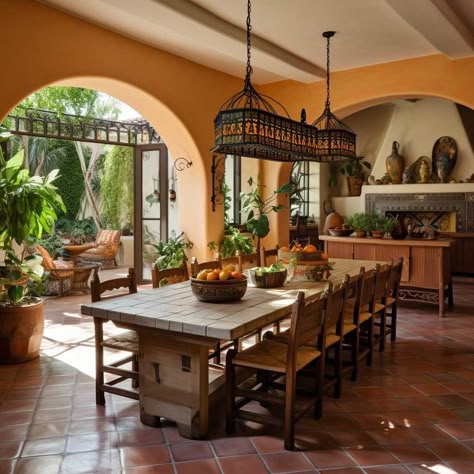 Terracotta Floor Tiles Living Room, Boho Spanish Decor, Hacienda Dining Room, Mexico House Mexican Style, Mexican Modern Decor, Spanish Style Dining Room, Encanto Home, Mexican Dining Room, Hacienda Interior