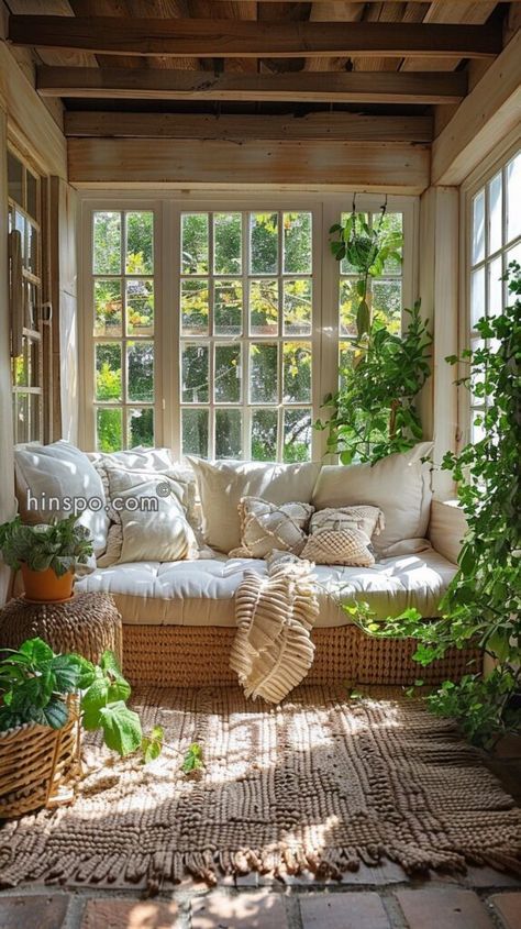 Outdoor Sunroom Ideas, Sunroom With Fireplace, Outdoor Sunroom, Reading Nook Ideas, Boho House Decor, Small Sunroom, Sleeping Porch, Book Corner, Enclosed Porches