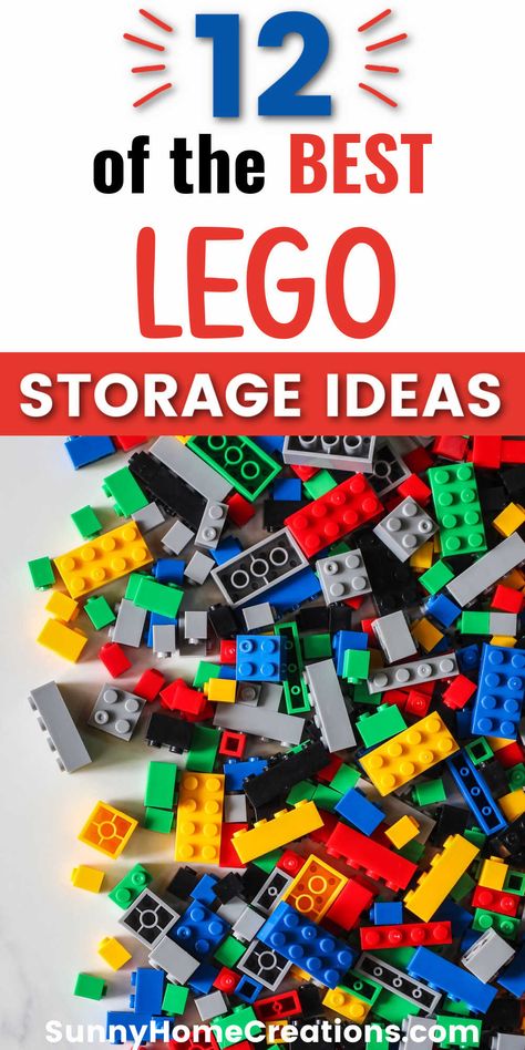 Top says "12 of the best Lego storage ideas" and bottom has a bunch of Lego pieces. Storing Legos Storage Solutions, Lego Sorting And Storage, Best Way To Store Legos, Lego Sorting And Storage Bedroom, How To Organize Lego Instructions, Lego Instruction Storage, Lego Sorting, Family Room Organization, Living Room Toy Storage