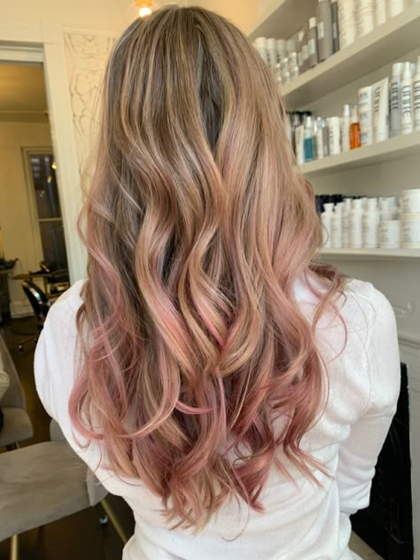 Pink Balayage Highlights, Pink Blonde Highlights In Brown Hair, Rose Pink Highlights, Blush Pink Highlights, Pink Ombre Hair Blonde, Blonde Balayage With Pink Highlights, Coral Highlights, Pink On Blonde Hair, Dark Blonde With Pink Highlights