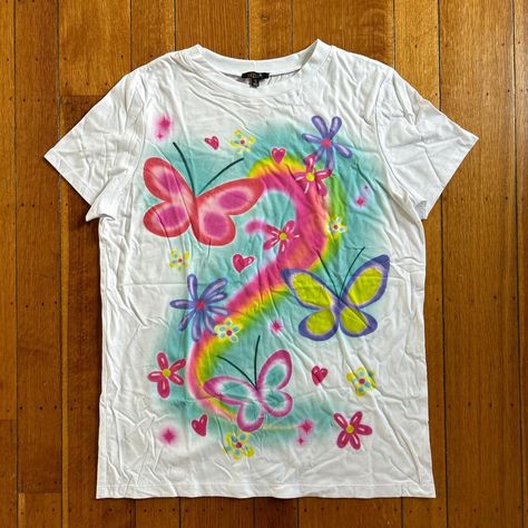 New airbrush dolls kill oversized t shirt Butterfly... - Depop Airbrush Tshirt Ideas, Airbrushed Shirts, Airbrush Tshirt, Spray Paint Shirt, T Shirt Butterfly, Chapel Roan, Clothing Customization, Airbrush Ideas, Airbrush Shirts