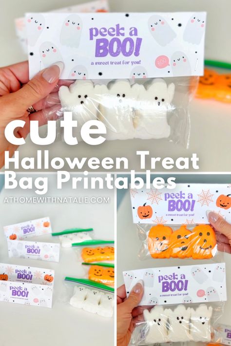 Peek a BOO! Cute Halloween Treat Bag Printables – At Home With Natalie Boo Your Neighbors, Easy Holiday Diy, Cute Halloween Treats, Halloween Goodie Bags, Halloween Treat Bags, Birthday Party Food, Halloween Treat, Felt Patterns, Pumpkin Theme