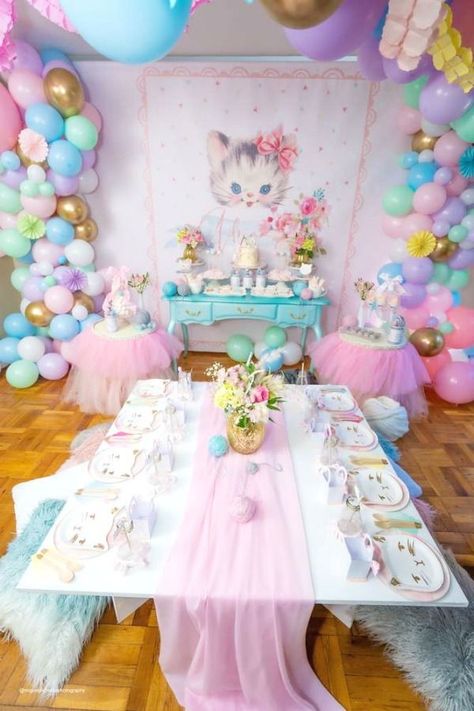 Don't miss this adorable cat-themed birthday party! What an amazing dessert table! See more party ideas and share yours at CatchMyParty.com #catchmyparty #partyideas #cats #catparty #kitten #kittenparty #girlbirthdayparty #shabbychicparty #vintageparty Kitten Tea Party, Two Purrfect Birthday, Kittycorn Birthday Party, Caticorn Birthday Party, Cats Birthday Party, Cat Bday, Kitty Birthday Party Ideas, Cat Party Decorations, Kitten Birthday Party