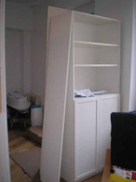 Door to room opened, taken from inside the room Door closed, taken from outside the room (living room) Materials: 3 40cm-wide Billy bookshelves with doors, IKEA cloth Description: We needed to create a room for our child, and decided to build it with Billys, rather than create an actual wall. So we chose to use [&hellip Ikea Room Divider, Cheap Room Dividers, Ikea Room, Room Divider Headboard, Small Room Divider, Temporary Room Dividers, Closet Ikea, Metal Room Divider, Room Divider Bookcase