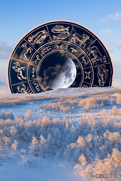 collage of snowy trees on rolling hills with mountains in the background at dawn. an orange illustrated wheel of zodiac signs sits behind the mountains. a cloudy night sky with a quarter moon sits inside the wheel. Pisces Love, Weekly Horoscope, Your Horoscope, Love Connection, Outside World, A Love, The Outsiders, In This Moment, Quick Saves