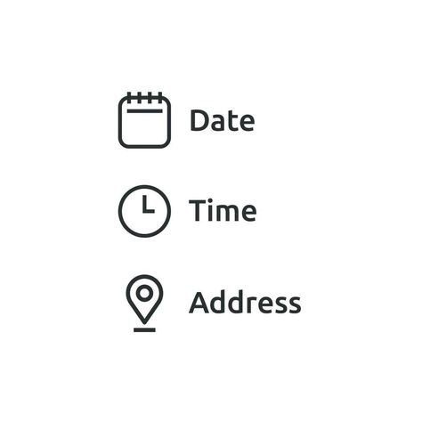 Date and time location address icon. Calendar, clock, location illustration symbol. Sign event data vector desing. Time And Date Icon, Date Time Location Icon, Location Symbol, Date Icon, Location Illustration, Address Icon, Icon Clock, Icon Calendar, Calendar Graphic