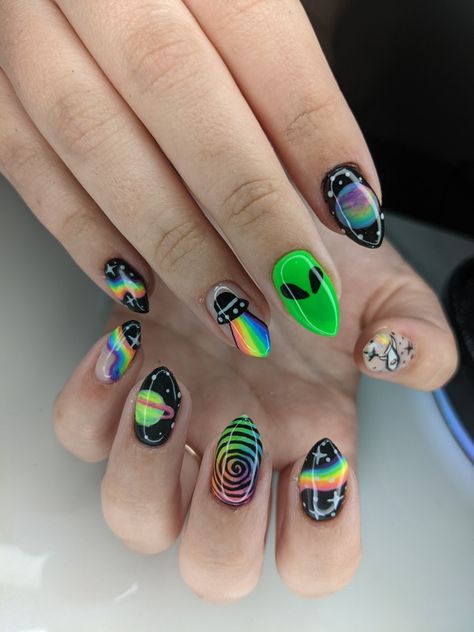 Comic Halloween Nails, Short Trippy Nails, Alien Nails Acrylic, Cavetown Nails, Cheeto Nails, Punk Rock Nails Designs, Electric Forest Nails, Solar System Nails, Sapphic Nails