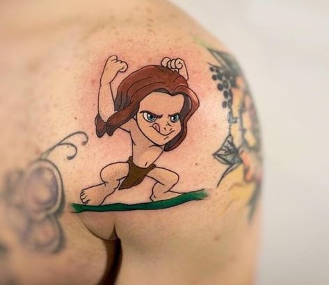 Tarzan Tattoo Ideas, Ilaria Tattoo, Tarzan Cartoon, Tarzan Tattoo, Baby Tarzan, Disney Sleeve, Cartoon Tattoo, Geisha Tattoo, Anchor Tattoos