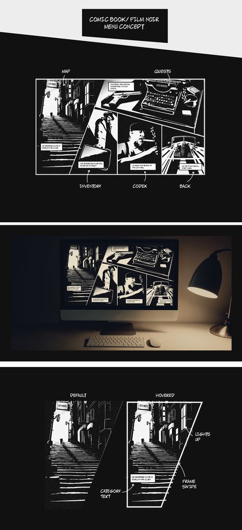 ArtStation - UI - Comic Book/Film Noir Menu Concept Comic Website Design, Comic Style Website, Film Noir Photography, Comic Template, Design Comics, Comic Layout, Comic Book Style, Website Themes, Comic Page