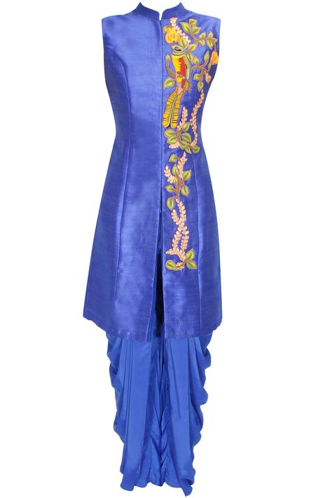 Blue bird embroidered long achkan jacket with blue dhoti pants available only at Pernia's Pop Up Shop.#perniaspopupshop #shopnow #aharin #clothing #festive #newcollection Women Sherwani, Eastern Fashion, Style Kurti, Western Trend, Long Kurti, Dhoti Pants, Indian Clothes, Asian Outfits, Pernia Pop Up Shop