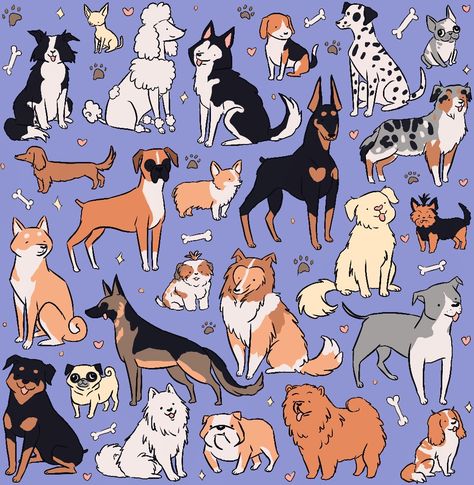 25 cute dog breeds for dog lovers illustration, border collie,  chuwauwa, boodle, husky, chuwauwa, dalmatian, French bulldog, doberman,  Germany shepherd, boxer, shiba inu,  samoyed, chow chow, labrador,  terrier corgi,  pug, shih tzu,  Australian shepherd Easy Dog Doodle Simple, Dog Breeds Illustration, Dog Breeds Drawing, Australian Shepherd Cartoon, Shiba Illustration, Boxer Dog Illustration, Dog Doodles, Cartoon Dog Drawing, Cute Dog Illustration