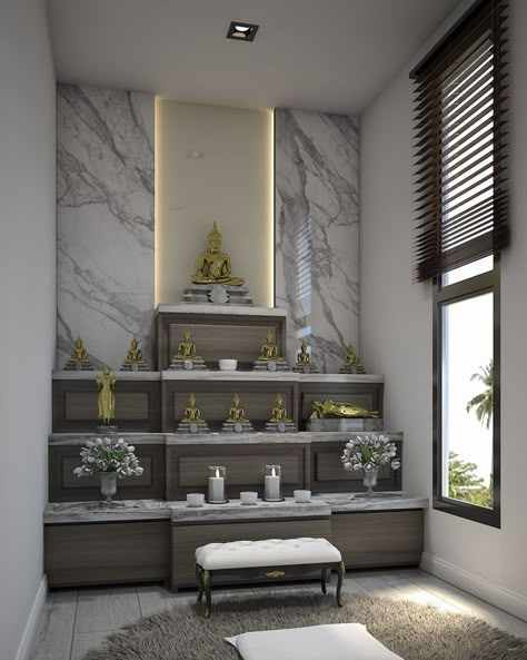 Buddha Room Design Modern, Worship Room Design, Temple Room Design For Home, Modern Temple Design For Home, Pooja Room Design Modern, Buddha Interior Design, Luxury Pooja Room Design, Buddhist Room, Buddha Room Design