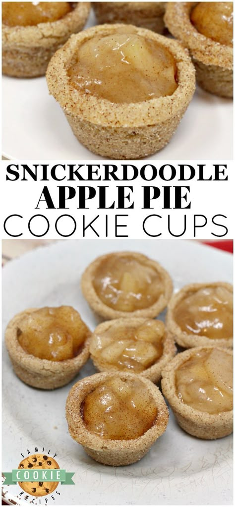 Snickerdoodle Apple Pie Cookie Cups combine two favorite desserts in a bite sized treat that is full of cinnamon and apple pie filling! #snickerdoodle #apple #applepie #cookie #recipe #cookies #baking from FAMILY COOKIE RECIPES Apple Pie Cookie Cups, Snickerdoodle Apple Pie, Apple Pie Cookie, Cake Desert, Fruity Cookies, Cookie Cups Recipe, Apple Pie Cookies, Apple Pie Bites, Pie Bites