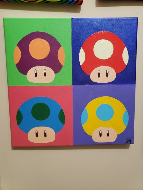 Mario Brothers Painting, Pop Art Mushroom, Mario Acrylic Painting, Mario Canvas Painting Easy, Mario Painting Ideas, Mario Mushroom Painting, Mario Painting Canvases, Mario Canvas Painting, Super Mario Painting