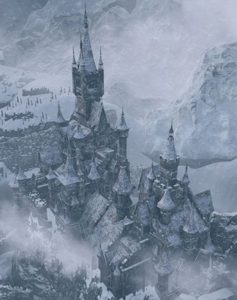 Castle Snow Aesthetic, Snowy Castle Fantasy Art, Ishgard Aesthetic, Snow Castle Aesthetic, Winter Fantasy Aesthetic, Winterfell Aesthetic, Snowy Kingdom, Snowy Castle, Evil Castle