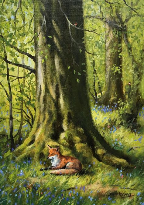 Under Canopy of Green, I Sit Unseen_ (sometimes in Steve Sanderson's paintings, you have to look around to see the old man walking his greyhound.  I love this about his art.) Forest Animals Drawing, Woodland Painting, Woodland Scene Painting, Forest With Animals Drawing, Steve Sanderson Art, Animals In The Forest Drawing, Forest And Wildlife Painting, Fox In Forest Drawing, Fox In The Woods Illustration