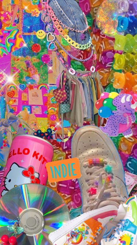 Indie 🍭🌈🪅🎀🩷❤️🧡💛💚🩵💙💜🤍 Indiecore Aesthetic, Aesthetic Bright, Moodboard Aesthetic, Bright Rainbow, Aesthetic Indie, Indie Aesthetic, Kid Core, Phone Themes, Screen Savers