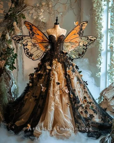 Fairy Gown Goddesses, Butterfly Inspired Fashion, Fairytale Dress To Impress, Sorceress Outfit, Fairytail Wedding, Fae Ball, Fairy Gown, Fantasy Ball, Magical Dress