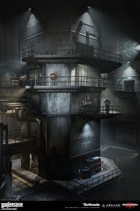 Industrial Sci Fi Environment, Underground Facility, Horror Concept, Wolfenstein Youngblood, Environment Inspiration, Sci Fi Architecture, Pig Farm, Set Dressing, Chi Town