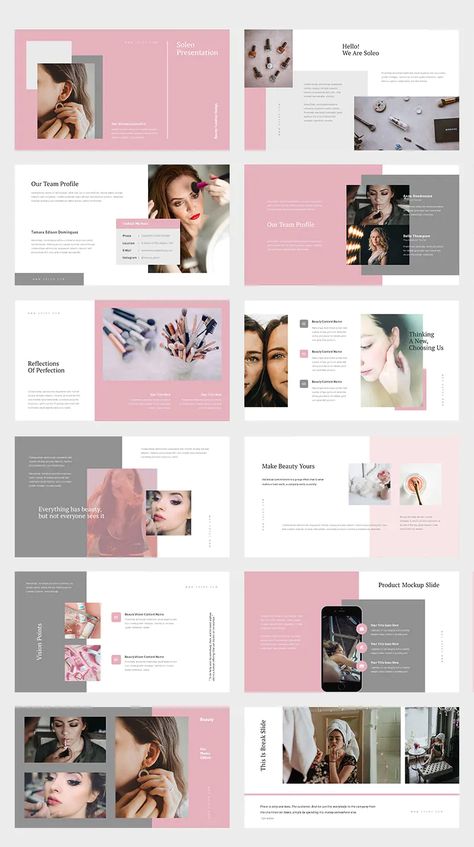 Women Beauty Business Powerpoint Template. 50 unique and editable presentation slides design. Beauty Layout Design, Beauty Presentation Design, Beautiful Powerpoint Design, Unique Presentation Ideas, Slideshow Inspiration, Cool Presentation Design, Presentation Slide Design, Portfolio Design Ideas, Beauty Layout