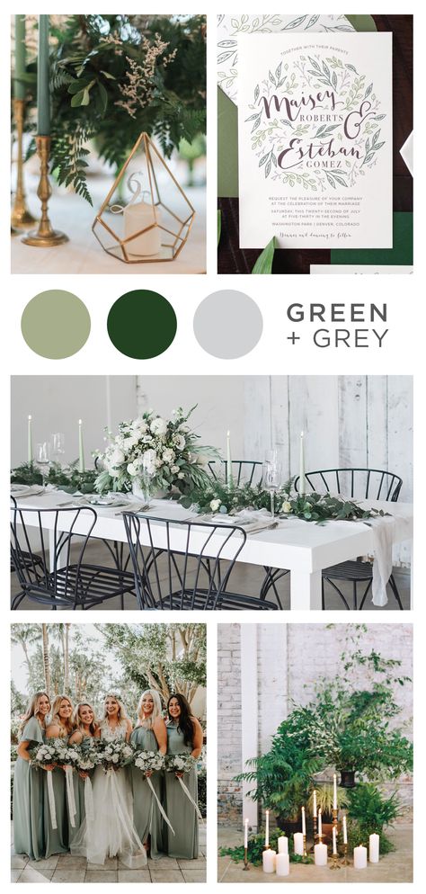 Botanical illustration Green & Grey Wedding inspiration perfect for a modern garden wedding or an urban wedding dripping with greenery. Palette of greens - emerald and sage. Earthy and organic with clean, modern touches. Green Grey Wedding, Green And Grey Wedding, Green Wedding Theme, Modern Garden Wedding, Grey Wedding Theme, Forest Green Wedding, Gray Wedding Colors, Wedding Color Scheme, Green Themed Wedding