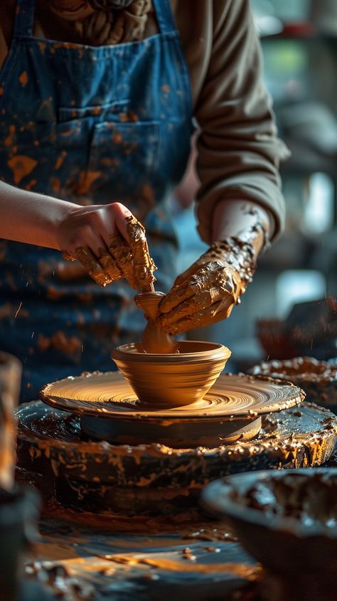 Pottery Wheel Craft: An artisan shapes earthenware on a pottery wheel, hands covered in wet clay, creating art. #pottery #artisan #craft #wheel #clay #creation #earthenware #studio #aiart #aiphoto #stockcake https://ayr.app/l/AhtW Pottery Wheel Photography, Clay Artist Aesthetic, Throwing On The Wheel, Darius Deamonne, Pottery Pictures, Artisan Aesthetic, Clay Photography, Pottery Photography, Pottery Aesthetic