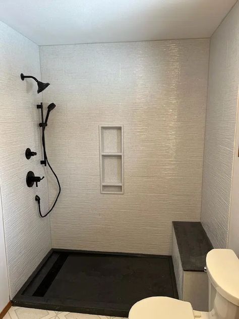 The Onyx Collection Bathroom, Black Onyx Shower Ideas, Onyx Bathroom Ideas Modern, Onyx Collection Bathroom, Walk In Doorless Shower Ideas, Onyx Shower Base With Tile Walls, Onyx Collection Shower Ideas, Onyx Bathroom Ideas Master Bath, 42x60 Shower Ideas