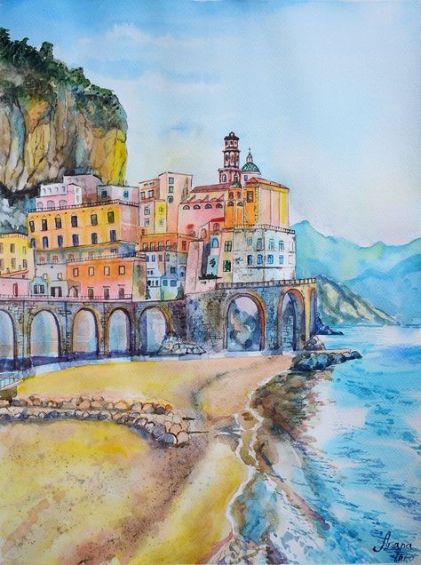 Capri Island, Amalfi Coast Wedding, Sunrise Landscape, Coastal Artwork, European City, Painting References, Art Watercolor Painting, Italy Art, Woodland Fairy