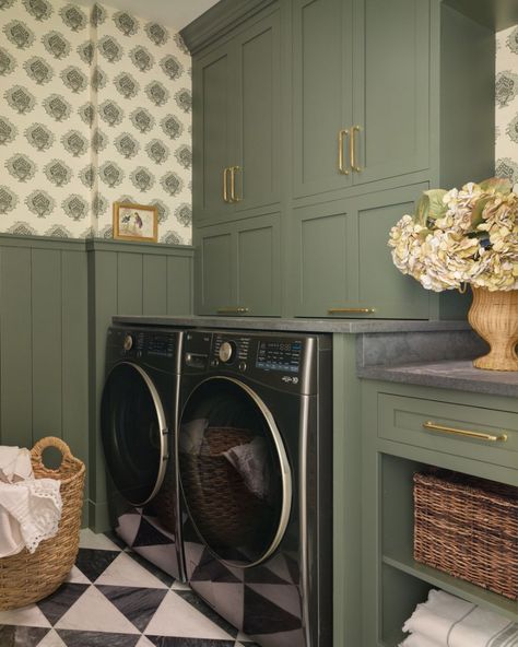 Home • Instagram Laundry Room Green Cabinets, Green Lake House, Laundry Room Green, Green Laundry Room, Laundry Room Countertop, Green Laundry, Room Green, Green Cabinets, Lake Cottage