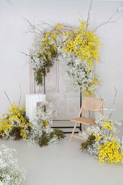 Mimosa Wedding Flowers, Yellow Flower Installation, Mimosa Photoshoot, Mimosa Decoration, Baby Breath Arch, Easter Arch, Mimosa Wedding, Flower Table Decorations, Baby Birthday Photoshoot