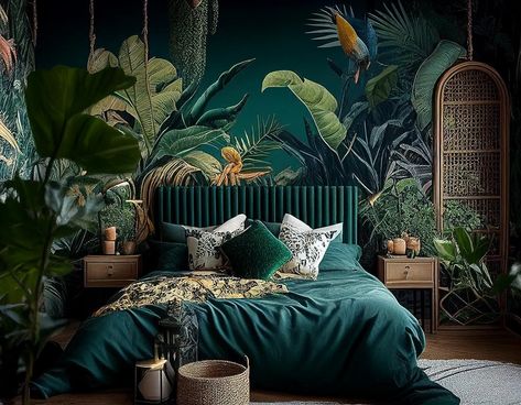 Emerald Green Earthy Bedroom, Blue Green Black Bedroom, Forest Green Bedroom Color Palette, Bedroom Green Decor Ideas, Green Bed Curtains, Bedroom Jungle Wallpaper, All Green Room Aesthetic, Dark Green Bedroom With Plants, Blue Green And Gold Bedroom