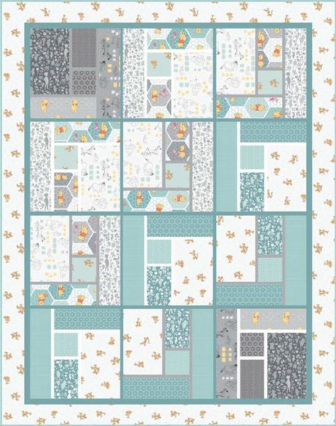 Winnie The Pooh - Whimsical Free Quilt Pattern Winnie The Pooh Quilt, Free Baby Quilt Patterns, Baby Boy Quilt Patterns, Kid Quilts Patterns, Boys Quilt Patterns, Baby Quilt Tutorials, Baby Patchwork Quilt, Cot Quilt, Childrens Quilts