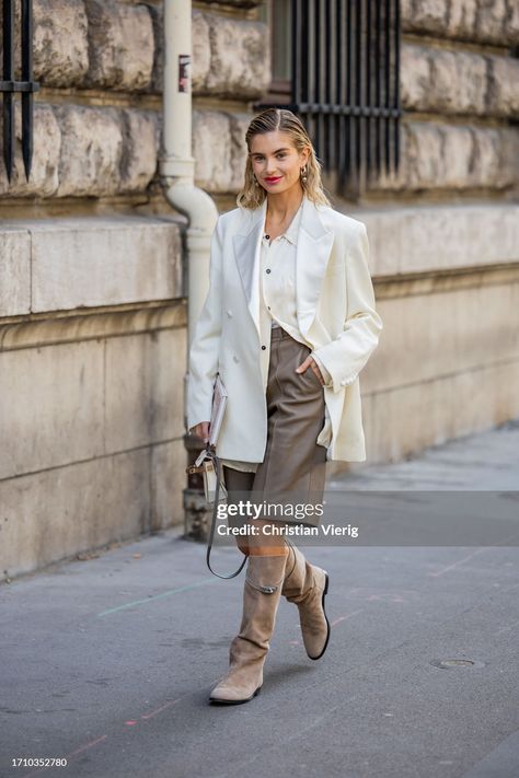 Xenia Adonts, Shorts Boots, Short Brown Boots, Boots White, Street Snap, Brown Shorts, Spring Summer 2024, White Blazer, Short Boots