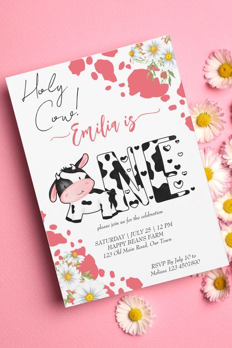 Holy cow pink pattern cute cow birthday party invitation template instant download Cow Party Invitations Free Printable, Cow Birthday Party, Birthday 22, Cow Birthday Parties, Cow Birthday, Children Party, 1st Birthday Themes, Party Trends