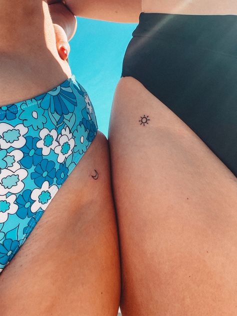 Sun, moon,tattoo,swimsuits, hip Dainty Tattoos For Friends, Pair Tattoos, Matching Bff Tattoos, Partner Tattoos, Maching Tattoos, Twin Tattoos, Cute Matching Tattoos, Matching Friend Tattoos, Small Matching Tattoos