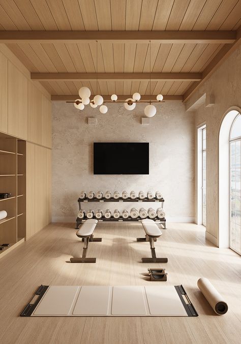 Design Your Luxury Home Gym | Sportova Home Gym Luxury Design, Japandi Home Gym, At Home Gym Design, Basement Exercise Room Ideas, Beautiful Home Gym, Japandi Gym, Japandi Garage, At Home Yoga Studio, Home Gym With Sauna