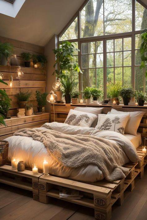 [AffiliateLink] Immerse Yourself In The Warmth Of This Eco-Rustic Bedroom, Where The Charm Of Upcycled Pallet Beds Meets The Lushness Of Indoor Plants. This Inviting Retreat Combines Earthy Textures With Soft Lighting, Creating A Serene Space For Relaxation And Rejuvenation. #earthybedroomaesthetic Rum Inspiration, Rustic Bedroom Ideas, Bedroom Decoration Ideas, Cozy Bedroom Design, Summer Room, Zen Den, Earthy Bedroom, Decor Ideas Bedroom, Frame Cabin