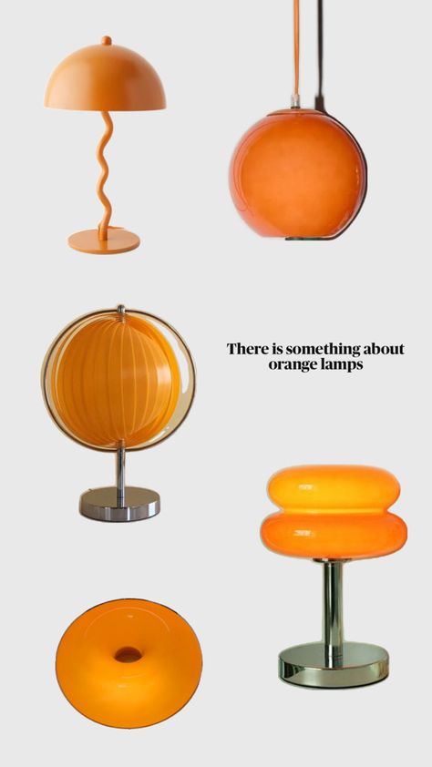 The lighting they give out, the colour, the retro vibe? What is it about orange lamps that we love so much? #lamps #homedecor #orange #wallpaper Vintage Orange Lamp, Retro Lights Aesthetic, Space Age Furniture, Orange Lamp, Quirky Furniture, Orange Lamps, Origami Lamp, Retro Interior Design, Light Bulb Lamp