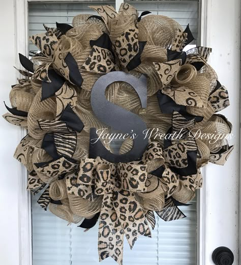 Burlap wreath with leopard & zebra print and Initial by Jayne’s Wreath Designs on fb and Instagram Animal Print Wreath Deco Mesh, Leopard Print Wreath Ideas, Leopard Wreaths For Front Door, Fall Wreaths With Leopard Print, Cheetah Print Christmas Wreaths, Animal Print Wreath, Cheetah Print Wreath, Wreath Business Ideas, Leopard Print Wreath