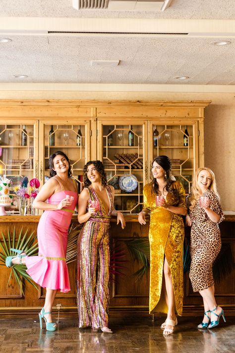 It's a Golden Girls bachelorette party! Whether you're a Rose, Sophia, Dorothy, or a Blanche, there's nothing like partying with your girls. Golden Girls Bachelorette Party, Sequin Bachelorette Party, Festive Cocktail Attire, Golden Girls Theme, Golden Girls Party, Disco Chic, Girls Party Outfits, Bridesmaid Things, Bachelorette Inspo