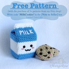 Free Pattern: Milk Carton Box and Cookies by xMangoRose on DeviantArt Cookies Crochet, Diy Crochet Hook, Carton Diy, Milk Box, Diy Yarn Crafts, Milk And Cookies, Diy Yarn, Yarn Craft, Crochet Food