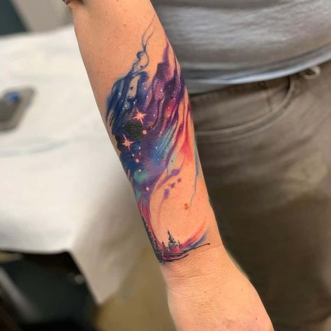 Galaxy Watercolor Tattoos 1 Watercolor Back Tattoo, Watercolor Sleeve Tattoo, Watercolor Galaxy Tattoo, Galaxy Tattoo Sleeve, Watercolour Tattoo Men, Colored Tattoos, Watercolor Tattoo Sleeve, Watercolor Butterfly Tattoo, Sky Tattoo