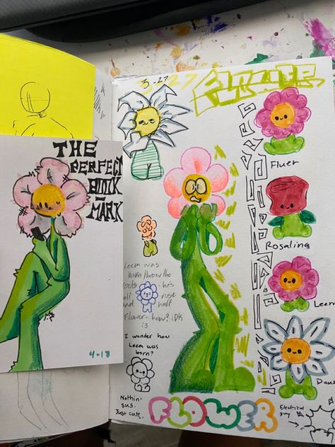 Rosa(rose), leem(mini flower), fluooer, dus!y(daisy,duuasy), flower guy(big flower) Big Book Drawing, Cute Crayon Drawings, Mini Sketchbook Ideas, Crayola Drawing, Rose Flower Drawing, Mini Sketchbook, Flower Cafe, Colored Pencil Drawings, Drawing Books